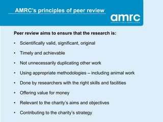 AMRC’s principles of peer review


Peer review aims to ensure that the research is:

• Scientifically valid, significant, original

• Timely and achievable

• Not unnecessarily duplicating other work

• Using appropriate methodologies – including animal work

• Done by researchers with the right skills and facilities

• Offering value for money

• Relevant to the charity’s aims and objectives

• Contributing to the charity’s strategy
 