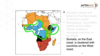 17
• Senegal, Liberia and
Benin on the West coast,
in Northern cluster
• Madagascar, Seychelles,
islands of the Indian
Ocean, clustered
alongside countries in
the North
• Somalia, on the East
coast, is clustered with
countries on the West
coast.
 