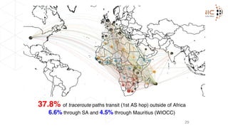 Africa’s upstream providers
29
37.8% of traceroute paths transit (1st AS hop) outside of Africa
6.6% through SA and 4.5% through Mauritius (WIOCC)
 