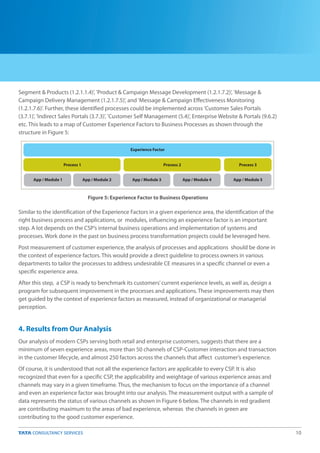 10
Segment & Products (1.2.1.1.4)', 'Product & Campaign Message Development (1.2.1.7.2)', 'Message &
Campaign Delivery Management (1.2.1.7.5)', and 'Message & Campaign Effectiveness Monitoring
(1.2.1.7.6)'. Further, these identified processes could be implemented across 'Customer Sales Portals
(3.7.1)', 'Indirect Sales Portals (3.7.3)', 'Customer Self Management (5.4)', Enterprise Website & Portals (9.6.2)
etc. This leads to a map of Customer Experience Factors to Business Processes as shown through the
structure in Figure 5:
Similar to the identification of the Experience Factors in a given experience area, the identification of the
right business process and applications, or modules, influencing an experience factor is an important
step. A lot depends on the CSP’s internal business operations and implementation of systems and
processes. Work done in the past on business process transformation projects could be leveraged here.
Post measurement of customer experience, the analysis of processes and applications should be done in
the context of experience factors. This would provide a direct guideline to process owners in various
departments to tailor the processes to address undesirable CE measures in a specific channel or even a
specific experience area.
After this step, a CSP is ready to benchmark its customers’current experience levels, as well as, design a
program for subsequent improvement in the processes and applications. These improvements may then
get guided by the context of experience factors as measured, instead of organizational or managerial
perception.
Our analysis of modern CSPs serving both retail and enterprise customers, suggests that there are a
minimum of seven experience areas, more than 50 channels of CSP-Customer interaction and transaction
in the customer lifecycle, and almost 250 factors across the channels that affect customer’s experience.
Of course, it is understood that not all the experience factors are applicable to every CSP. It is also
recognized that even for a specific CSP, the applicability and weightage of various experience areas and
channels may vary in a given timeframe. Thus, the mechanism to focus on the importance of a channel
and even an experience factor was brought into our analysis. The measurement output with a sample of
data represents the status of various channels as shown in Figure 6 below. The channels in red gradient
are contributing maximum to the areas of bad experience, whereas the channels in green are
contributing to the good customer experience.
4. Results from Our Analysis
Figure 5: Experience Factor to Business Operations
Experience Factor
Process 1 Process 2 Process 3
App / Module 1 App / Module 2 App / Module 3 App / Module 4 App / Module 5
 