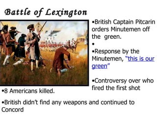 Battle of Lexington 8 Americans killed.   British didn’t find any weapons and continued to Concord British Captain Pitcarin orders Minutemen off the  green. Response by the Minutemen,  “ this is our green ” Controversy over who fired the first shot 