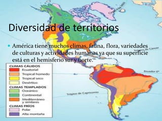 Diversidad de territorios
 América tiene muchos climas, fauna, flora, variedades
de culturas y actividades humanas ya que su superficie
está en el hemisferio sur y norte.
 