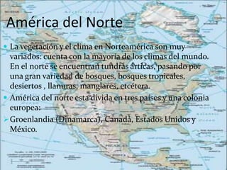 América del Norte
 La vegetación y el clima en Norteamérica son muy
variados: cuenta con la mayoría de los climas del mundo.
En el norte se encuentran tundras árticas, pasando por
una gran variedad de bosques, bosques tropicales,
desiertos , llanuras, manglares, etcétera.
 América del norte esta divida en tres países y una colonia
europea:
Groenlandia (Dinamarca), Canadá, Estados Unidos y
México.
 