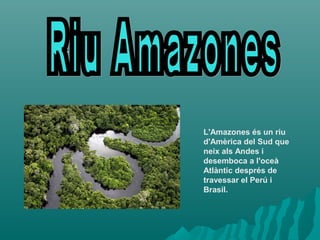 L'Amazones és un riu
d'Amèrica del Sud que
neix als Andes i
desemboca a l'oceà
Atlàntic després de
travessar el Perú i
Brasil.
 