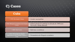 C) Casos
Cuba
• Caráter nacionalista
• 1959: Revolução Cubana
• Endurecimento do embargo na década de 1990 (Leis
Torricelli e Helms-Burton)
• 1962: Bloqueio econômico dos Estados
Unidos
• Reformas econômicas
• 2008: Raúl Castro
• Permanência do bloqueio econômico
• 2015: Retomada de relações
diplomáticas entre Estados Unidos e
Cuba
 