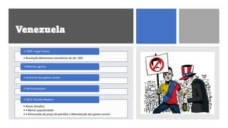 • Revolução Bolivariana (socialismo do séc. XXI)
• 1999: Hugo Chávez
• Reforma agrária
• Aumento dos gastos sociais
• Nacionalizações
• Novos desafios:
• • Menor popularidade
• • Diminuição do preço do petróleo x Manutenção dos gastos sociais
• 2013: Nicolás Maduro
Venezuela
 