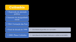 Colômbia
• Repressão da oposição
política
• Aumento da desigualdade
social
• 1964: Formação das Farc
• – Envolvimento da guerrilha com o narcotráfico
• Final da década de 1990
• – Apoio financeiro dos Estados Unidos para o combate ao narcotráfico
• 2000: Plano Colômbia
 