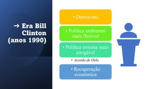 ➜ Era Bill
Clinton
(anos 1990)
• Democrata
• Política ambiental
mais flexível
• Política externa mais
amigável
• Acordo de Oslo
• Recuperação
econômica
 