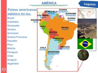 Países americanos                      GUIANA
                            VENEZUELA Georgetown
AMÉRICA DO   SUL              Caracas         SURINAME
                     COLÔMBIA                 Paramaribo
                       Bogotá
Brasil                                          GUIANA
                EQUADOR                         Cayenne
Colômbia           Quito

Venezuela                  PERU
                            Lima                      BRASIL
Guiana                                                 Brasília
                                       BOLÍVIA
Suriname                                La Paz
Guiana Francesa
                                           PARAGUAI
Equador                                     Assunção

Peru
                           CHILE                     URUGUAI
Bolívia                    Santiago
                                                     Montevideu

Paraguai                              ARGENTINA
                                      Buenos Aires
Chile
Uruguai
Argentina
 