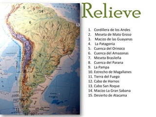 Relieve53146137Cordillera de los Andes Meseta de Mato Groso Macizo de las Guayanas La PatagoniaCuenca del OrinocoCuenca del AmazonasMeseta BrasileñaCuenca del ParanaLa PampaEstrecho de MagallanesTierra del FuegoCabo de HornosCabo San RoqueMacizo La Gran SabanaDesierto de Atacama1281594111012