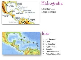 Hidrografía1. Río Nicaragua2. Lago Nicaragua12Islas61Las BahamasCubaLa Española234574.    Puerto Rico5.    Jamaica6.    Grandes Antillas7.    Pequeñas Antillas