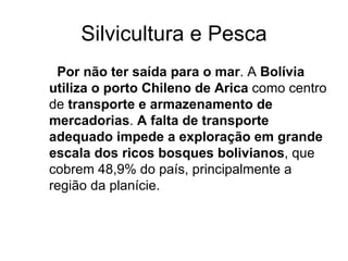 Silvicultura e Pesca Por não ter saída para o mar . A  Bolívia utiliza o porto Chileno de Arica  como centro de  transporte e armazenamento de mercadorias .  A falta de transporte adequado impede a exploração em grande escala dos ricos bosques bolivianos , que cobrem 48,9% do país, principalmente a região da planície.  