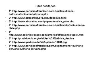 Sites Visitados 1º http://www.portalsaofrancisco.com.br/alfa/culinaria-boliviana/culinaria-boliviana.php 2º http://www.ccbparana.org.br/tudobolivia.html 3º http://www.abc-latina.com/pt/peru/musica_peru.php 4º http://www.portalsaofrancisco.com.br/alfa/chile/culinaria-do-chile.php 5º  http://www.colonialvoyage.com/america/pt/sul/chile/index.html 6º http://pt.wikipedia.org/wiki/Am%C3%A9rica_Andina 7º http://www.iped.com.br/sie/uploads/18281.jpg 8º http://www.portalsaofrancisco.com.br/alfa/mulher-culinaria-peruana/culinaria-peruana.php 
