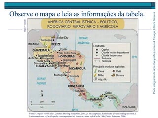 ParteintegrantedaobraGeografiaHomem&Espaço,EditoraSaraiva
Observe o mapa e leia as informações da tabela.
MárioYoshida
Fonte: Compact world atlas. Londres: Dorling Kindersley, 2001. p. 30 (adaptado)./Emir Sader e Ivana Jinkings (Coords.).
Latinoamericana – Enciclopédia contemporânea da América Latina e do Caribe. São Paulo: Boitempo, 2006.
 