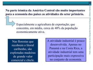 ParteintegrantedaobraGeografiaHomem&Espaço,EditoraSaraiva
Especialmente a agricultura de exportação, que
concentra, em média, cerca de 40% da população
economicamente ativa.
Na parte ístmica da América Central são muito importantes
para a economia dos países as atividades do setor primário.
Nas florestas que
recobrem o litoral
caribenho, são
exploradas madeiras
de grande valor
comercial e chicle.
A atividade industrial é pouco
desenvolvida. Apenas no
Panamá e na Costa Rica, a
atividade industrial tem uma
participação mais expressiva
no conjunto da economia.
 