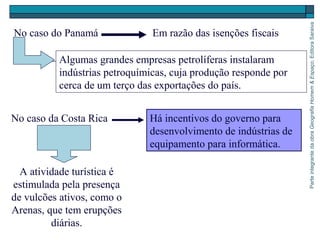 ParteintegrantedaobraGeografiaHomem&Espaço,EditoraSaraiva
A atividade turística é
estimulada pela presença
de vulcões ativos, como o
Arenas, que tem erupções
diárias.
No caso do Panamá Em razão das isenções fiscais
Algumas grandes empresas petrolíferas instalaram
indústrias petroquímicas, cuja produção responde por
cerca de um terço das exportações do país.
No caso da Costa Rica Há incentivos do governo para
desenvolvimento de indústrias de
equipamento para informática.
 