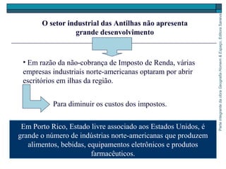 ParteintegrantedaobraGeografiaHomem&Espaço,EditoraSaraiva
Para diminuir os custos dos impostos.
O setor industrial das Antilhas não apresenta
grande desenvolvimento
• Em razão da não-cobrança de Imposto de Renda, várias
empresas industriais norte-americanas optaram por abrir
escritórios em ilhas da região.
Em Porto Rico, Estado livre associado aos Estados Unidos, é
grande o número de indústrias norte-americanas que produzem
alimentos, bebidas, equipamentos eletrônicos e produtos
farmacêuticos.
 