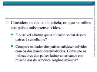 ParteintegrantedaobraGeografiaHomem&Espaço,EditoraSaraiva
 Considere os dados da tabela, no que se refere
aos países subdesenvolvidos.
 É possível afirmar que a situação social desses
países é semelhante?
 Compare os dados dos países subdesenvolvidos
com os dos países desenvolvidos. Como são os
indicadores dos países latino-americanos em
relação aos da América Anglo-Saxônica?
 