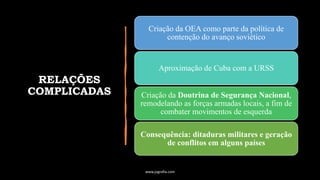 RELAÇÕES
COMPLICADAS
Criação da OEA como parte da política de
contenção do avanço soviético
Aproximação de Cuba com a URSS
Criação da Doutrina de Segurança Nacional,
remodelando as forças armadas locais, a fim de
combater movimentos de esquerda
Consequência: ditaduras militares e geração
de conflitos em alguns países
www.jografia.com
 