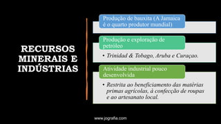 RECURSOS
MINERAIS E
INDÚSTRIAS
Produção de bauxita (A Jamaica
é o quarto produtor mundial)
• Trinidad & Tobago, Aruba e Curaçao.
Produção e exploração de
petróleo
• Restrita ao beneficiamento das matérias
primas agrícolas, à confecção de roupas
e ao artesanato local.
Atividade industrial pouco
desenvolvida
www.jografia.com
 
