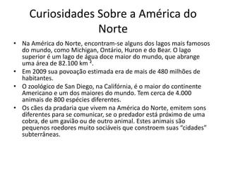 Curiosidades Sobre a América do
                  Norte
• Na América do Norte, encontram-se alguns dos lagos mais famosos
  do mundo, como Michigan, Ontário, Huron e do Bear. O lago
  superior é um lago de água doce maior do mundo, que abrange
  uma área de 82.100 km ².
• Em 2009 sua povoação estimada era de mais de 480 milhões de
  habitantes.
• O zoológico de San Diego, na Califórnia, é o maior do continente
  Americano e um dos maiores do mundo. Tem cerca de 4.000
  animais de 800 espécies diferentes.
• Os cães da pradaria que vivem na América do Norte, emitem sons
  diferentes para se comunicar, se o predador está próximo de uma
  cobra, de um gavião ou de outro animal. Estes animais são
  pequenos roedores muito sociáveis que constroem suas “cidades”
  subterrâneas.
 