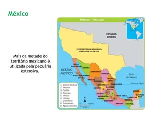 Mais da metade do
território mexicano é
utilizada pela pecuária
extensiva.
México
 