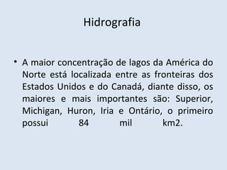 Hidrografia


• A maior concentração de lagos da América do
  Norte está localizada entre as fronteiras dos
  Estados Unidos e do Canadá, diante disso, os
  maiores e mais importantes são: Superior,
  Michigan, Huron, Iria e Ontário, o primeiro
  possui       84        mil       km2.
 