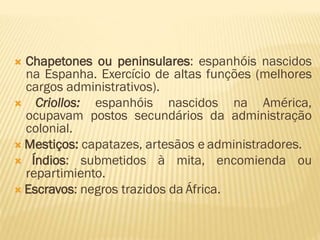  Chapetones ou peninsulares: espanhóis nascidos
na Espanha. Exercício de altas funções (melhores
cargos administrativos).
 Criollos: espanhóis nascidos na América,
ocupavam postos secundários da administração
colonial.
 Mestiços: capatazes, artesãos e administradores.
 Índios: submetidos à mita, encomienda ou
repartimiento.
 Escravos: negros trazidos da África.
 
