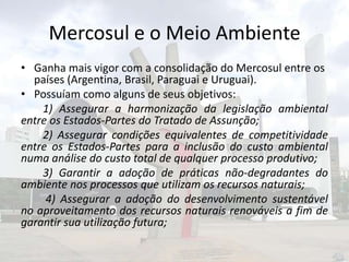 Mercosul e o Meio Ambiente
• Ganha mais vigor com a consolidação do Mercosul entre os
países (Argentina, Brasil, Paraguai e Uruguai).
• Possuíam como alguns de seus objetivos:
1) Assegurar a harmonização da legislação ambiental
entre os Estados-Partes do Tratado de Assunção;
2) Assegurar condições equivalentes de competitividade
entre os Estados-Partes para a inclusão do custo ambiental
numa análise do custo total de qualquer processo produtivo;
3) Garantir a adoção de práticas não-degradantes do
ambiente nos processos que utilizam os recursos naturais;
4) Assegurar a adoção do desenvolvimento sustentável
no aproveitamento dos recursos naturais renováveis a fim de
garantir sua utilização futura;

 