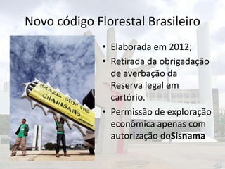 Novo código Florestal Brasileiro
• Elaborada em 2012;
• Retirada da obrigadação
de averbação da
Reserva legal em
cartório.
• Permissão de exploração
econômica apenas com
autorização doSisnama

 