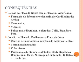CONSEQUÊNCIAS
 Colisão da Placa de Nazca com a Placa Sul Americana:
 Formação do dobramento denominado Cordilheira dos
Andes;
 Terremotos;
 Vulcões;
 Países mais diretamente afetados: Chile, Equador e
Peru.
 Colisão da Placa do Caribe com a Placa de Cocos
 Cadeias de montanhas em países da América Central;
 Terremotos/tsunamis
 Vulcanismo
 Países mais diretamente afetados: Haiti, República
Dominicana, Cuba, Nicarágua, Guatemala, El Salvador
e Honduras.
 