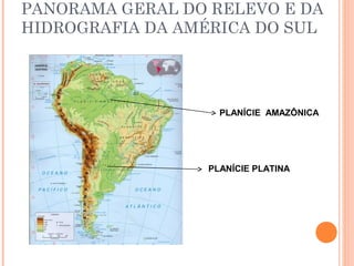 PANORAMA GERAL DO RELEVO E DA
HIDROGRAFIA DA AMÉRICA DO SUL
PLANÍCIE AMAZÔNICA
PLANÍCIE PLATINA
 