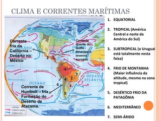 CLIMA E CORRENTES MARÍTIMAS
1
2
3
4
5
6
7
1. EQUATORIAL
2. TROPICAL (América
Central e norte da
América do Sul)
3. SUBTROPICAL (o Uruguai
está totalmente nesta
faixa)
4. FRIO DE MONTANHA
(Maior influência da
altitude, mesmo na zona
tropical)
5. DESÉRTICO FRIO DA
PATAGÔNIA
6. MEDITERRÂNEO
7. SEMI-ÁRIDO
Corrente de
Humbolt – fria –
Formação do
Deserto de
Atacama.
Corrente
quente do
Golfo -
Ameniza o
inverno
europeu
Corrente
fria da
Califórnia –
Deserto no
México
2 1
 