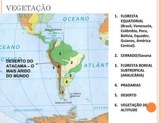 VEGETAÇÃO
1
2
3
4
5
6
1. FLORESTA
EQUATORIAL
(Brasil, Venezuela,
Colômbia, Peru,
Bolívia, Equador,
Guianas, América
Central).
2. CERRADO/Savana
3. FLORESTA BOREAL
SUBTROPICAL
(ARAUCÁRIA)
4. PRADARIAS
5. DESERTO
6. VEGETAÇÃO DE
ALTITUDE
5
DESERTO DO
ATACAMA – O
MAIS ÁRIDO
DO MUNDO
 