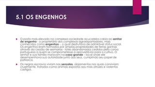 5.1 OS ENGENHOS 
 O posto mais elevado na complexa sociedade açucareira cabia ao senhor 
de engenho - o proprietário dos complexos agroexportadores, mais 
conhecidos como engenhos -, o qual desfrutava de admirável status social. 
Os engenhos eram formados por amplas propriedades de terras ganhas 
através da cessão de sesmarias - lotes abandonados cedidos pela coroa 
portuguesa a quem se comprometesse a aproveitá-los para o cultivo. O 
senhor e sua família moravam na casa-grande – local onde ele 
desempenhava sua autoridade junto aos seus, cumprindo seu papel de 
patriarca. 
 Os negros escravos viviam nas senzalas, alojamentos nos quais conviviam 
cruelmente, tratados como animais expostos aos mais atrozes e violentos 
castigos. 
 