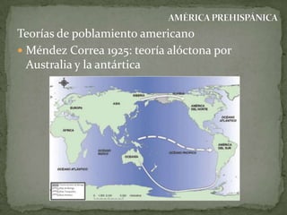 Teorías de poblamiento americano
 Méndez Correa 1925: teoría alóctona por
Australia y la antártica

 