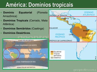 

Domínio
Equatorial
Amazônica)

(Floresta



Domínios Tropicais (Cerrado, Mata
Atlântica)



Domínios Semiáridos (Caatinga)



Domínios Desérticos.

 