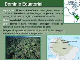 

Vegetação: Floresta Amazônica, heterogênea, densa e
compacta; latifoliada (folhas largas) e perene (sempre
verdes), localizada na região norte da América do Sul.



Clima: equatorial, quente e úmido. Baixa amplitude térmica.



Solo: pobres e baixa fertilidade (lixiviação: retirada da
vegetação e a erosão leva os nutrientes do solo)



Friagem  quando as massas de ar do Polo Sul chegam
até a Amazônia, e diminui a temperatura.

 