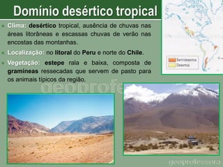 

Clima: desértico tropical, ausência de chuvas nas
áreas litorâneas e escassas chuvas de verão nas
encostas das montanhas.



Localização: no litoral do Peru e norte do Chile.



Vegetação: estepe rala e baixa, composta de
gramíneas ressecadas que servem de pasto para
os animais típicos da região.

 