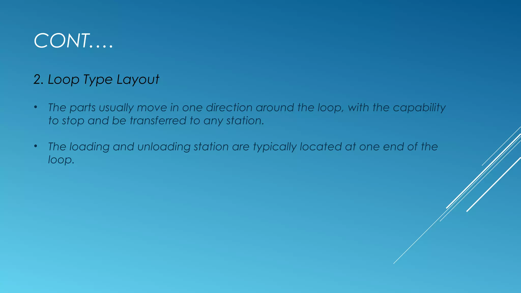CONT.…
2. Loop Type Layout
• The parts usually move in one direction around the loop, with the capability
to stop and be transferred to any station.
• The loading and unloading station are typically located at one end of the
loop.
 