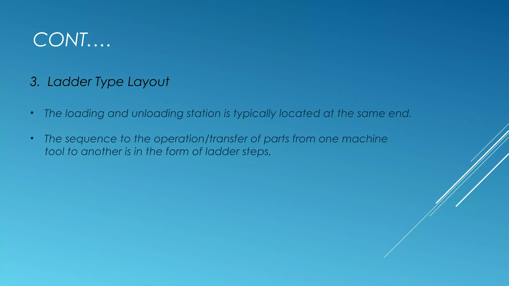 3. Ladder Type Layout
• The loading and unloading station is typically located at the same end.
• The sequence to the operation/transfer of parts from one machine
tool to another is in the form of ladder steps.
CONT.…
 