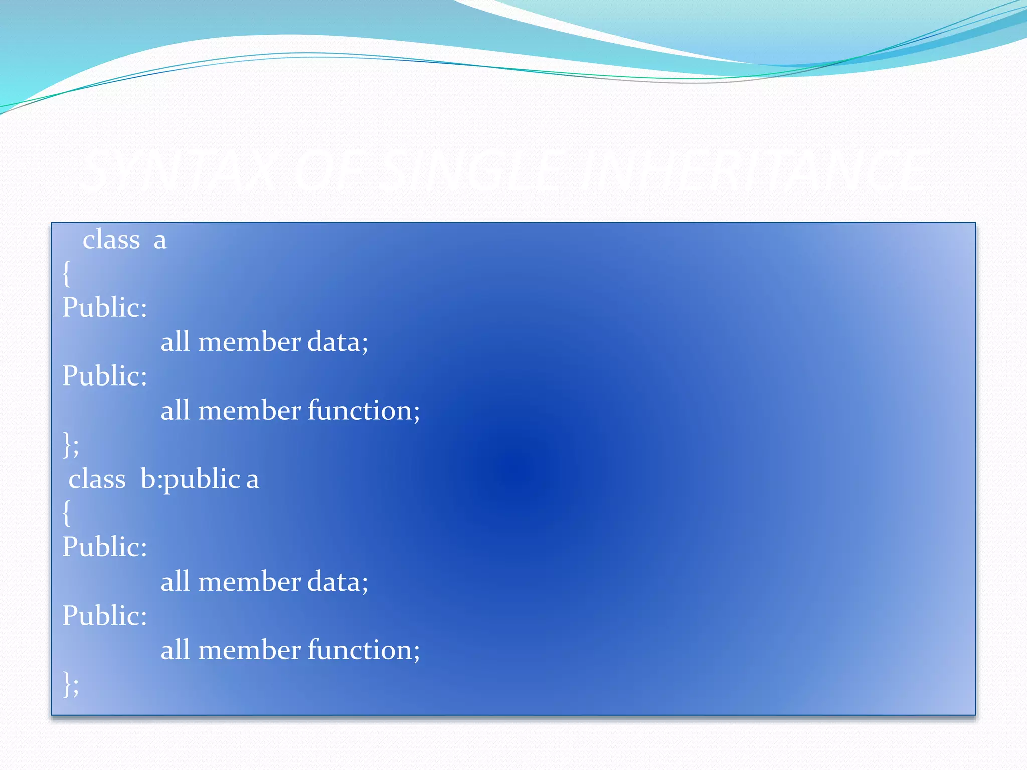 SYNTAX OF SINGLE INHERITANCE
class a
{
Public:
all member data;
Public:
all member function;
};
class b:public a
{
Public:
all member data;
Public:
all member function;
};
 