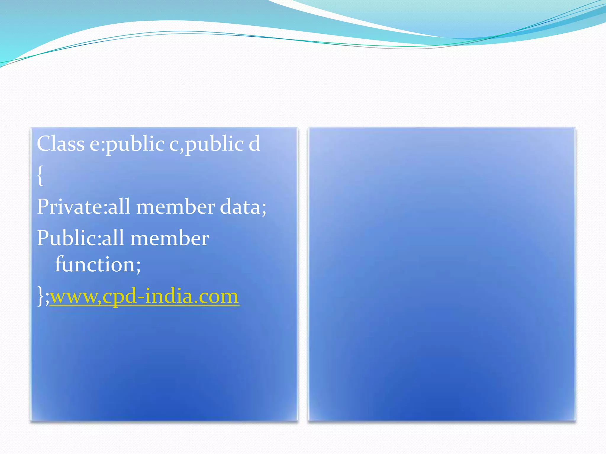 Class e:public c,public d
{
Private:all member data;
Public:all member
function;
};www,cpd-india.com
 