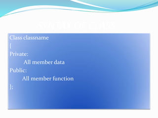 SYNTAX OF CLASS
Class classname
{
Private:
All member data
Public:
All member function
};
 