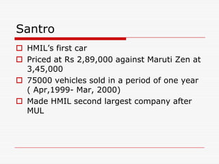 Santro
 HMIL’s first car
 Priced at Rs 2,89,000 against Maruti Zen at
  3,45,000
 75000 vehicles sold in a period of one year
  ( Apr,1999- Mar, 2000)
 Made HMIL second largest company after
  MUL
 