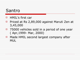 Santro HMIL’s first car Priced at Rs 2,89,000 against Maruti Zen at 3,45,000 75000 vehicles sold in a period of one year ( Apr,1999- Mar, 2000) Made HMIL second largest company after MUL 