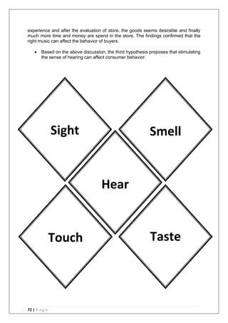 72 | P a g e
experience and after the evaluation of store, the goods seems desirable and finally
much more time and money are spend in the store. The findings confirmed that the
right music can affect the behavior of buyers.
 Based on the above discussion, the third hypothesis proposes that stimulating
the sense of hearing can affect consumer behavior.
Sight
TasteTouch
Hear
Smell
 