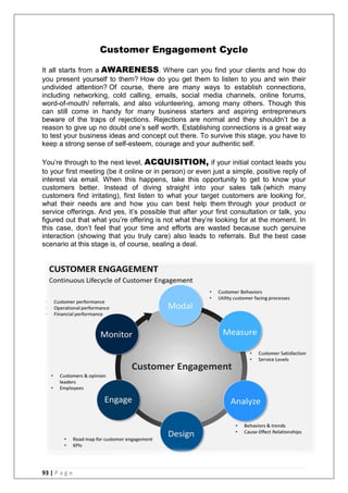 93 | P a g e
Customer Engagement Cycle
It all starts from a AWARENESS. Where can you find your clients and how do
you present yourself to them? How do you get them to listen to you and win their
undivided attention? Of course, there are many ways to establish connections,
including networking, cold calling, emails, social media channels, online forums,
word-of-mouth/ referrals, and also volunteering, among many others. Though this
can still come in handy for many business starters and aspiring entrepreneurs
beware of the traps of rejections. Rejections are normal and they shouldn‘t be a
reason to give up no doubt one‘s self worth. Establishing connections is a great way
to test your business ideas and concept out there. To survive this stage, you have to
keep a strong sense of self-esteem, courage and your authentic self.
You‘re through to the next level, ACQUISITION, if your initial contact leads you
to your first meeting (be it online or in person) or even just a simple, positive reply of
interest via email. When this happens, take this opportunity to get to know your
customers better. Instead of diving straight into your sales talk (which many
customers find irritating), first listen to what your target customers are looking for,
what their needs are and how you can best help them through your product or
service offerings. And yes, it‘s possible that after your first consultation or talk, you
figured out that what you‘re offering is not what they‘re looking for at the moment. In
this case, don‘t feel that your time and efforts are wasted because such genuine
interaction (showing that you truly care) also leads to referrals. But the best case
scenario at this stage is, of course, sealing a deal.
 