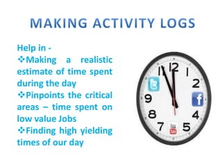 Help in -
Making a realistic
estimate of time spent
during the day
Pinpoints the critical
areas – time spent on
low value Jobs
Finding high yielding
times of our day
 