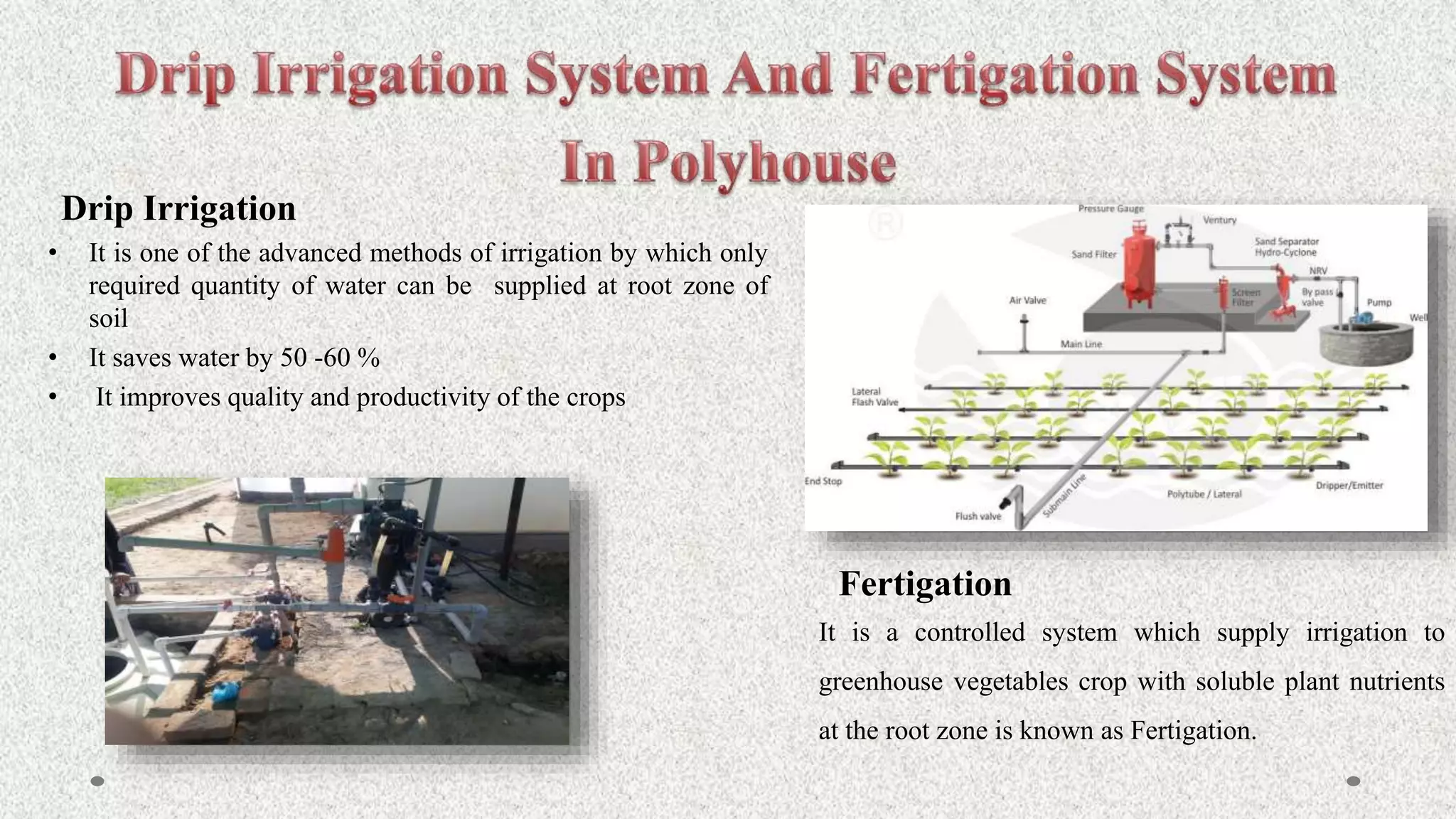 Drip Irrigation
• It is one of the advanced methods of irrigation by which only
required quantity of water can be supplied at root zone of
soil
• It saves water by 50 -60 %
• It improves quality and productivity of the crops
Fertigation
It is a controlled system which supply irrigation to
greenhouse vegetables crop with soluble plant nutrients
at the root zone is known as Fertigation.
 